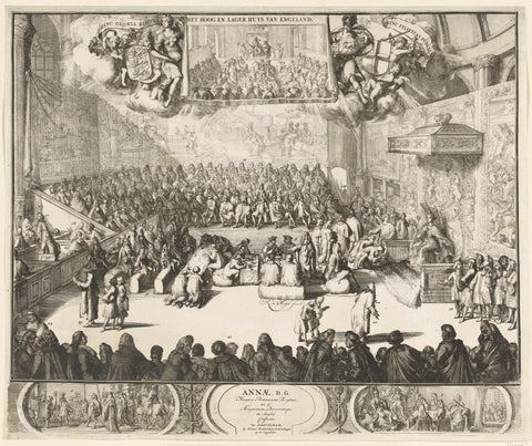 Session of the House of Commons with Queen Anna on the throne, 1702, Romeyn de Hooghe, 1702 Canvas Print