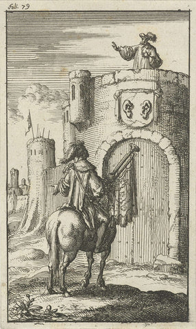 Trompetter on horseback in front of a closed fortress gate, Jan Luyken, 1685 Canvas Print