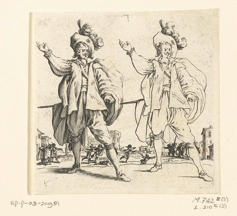 Twice the same soldier with large plumped hat and raised arm, seen from the front, Jacques Callot, 1621 - 1624 Canvas Print