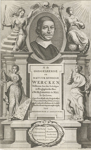 Portret van Johannes de Mey, geflankeerd door Wijsbegeerte en Godgeleerdheid, Jan Luyken, 1706 Canvas Print