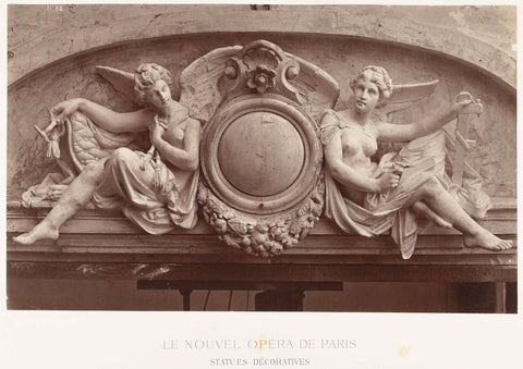 Two statues of female angels with musical instruments in hand, sitting on either side of a medallion, situated above a door., Louis-Emile Durandelle, c. 1878 - 1881 Canvas Print