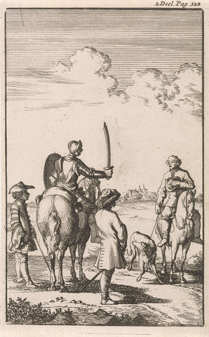 Meeting of Don Clarazel with a farmer, both on horseback, Caspar Luyken, 1697 Canvas Print