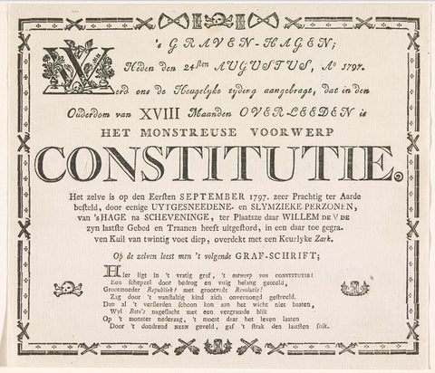 Funeral note for the Constitution, 1797, anonymous, 1797 Canvas Print