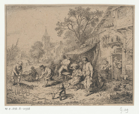 Drinking and bowling figures in front of an inn, Charles Emile Jacque, 1846 Canvas Print