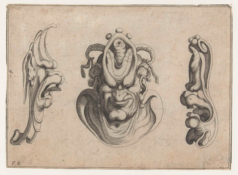 Mask and face, with mascarons in profile, anonymous, c. 1604 - c. 1616 Canvas Print