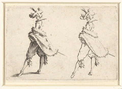 Twice the same man with fur coat and sword, seen on the left, Jacques Callot, 1621 Canvas Print