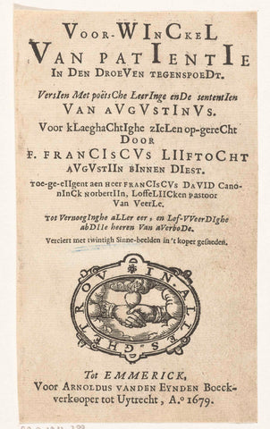 Title page for: Franciscus Lijftocht, Voor-winckel van patientie in den droeven tegenspoedt (...), 1679, dl. 1, anonymous, 1679 Canvas Print