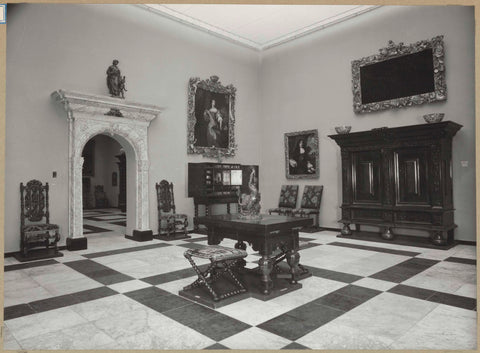 Room with furniture including cupboards, portraits, a portal and a marble tiled floor, 1957 Canvas Print