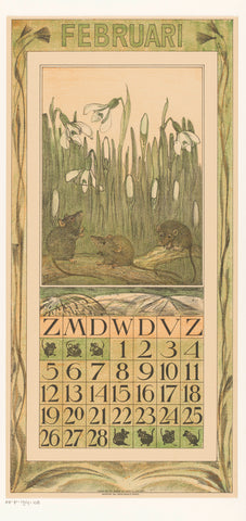 Calendar sheet February with snowdrops and mice, Theo van Hoytema, 1910 Canvas Print