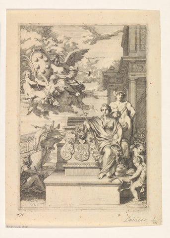 Title page with an allegory on the trade and the coat of arms of De Medici, Gerard de Lairesse, 1670 - 1675 Canvas Print