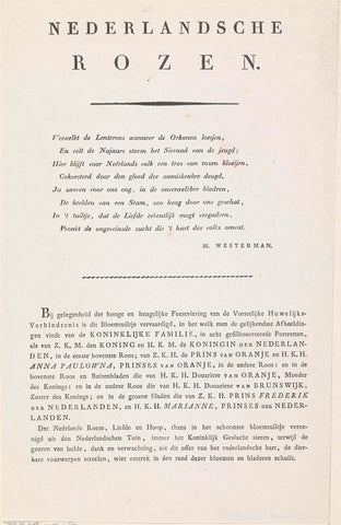 Text accompanying the roses with silhouette portraits of William I Frederick, King of the Netherlands, Wilhelmina of Prussia, their children, his mother and his sister, Marten Westerman, 1815 - 1819 Canvas Print