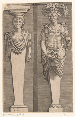 Two female hermen, Agostino Veneziano, 1536 Canvas Print