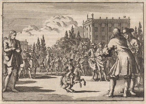 On a square in Madrid a crowd has gathered around Louisillo, the dwarf of the King of Spain, 1675, Jan Luyken, 1698 Canvas Print