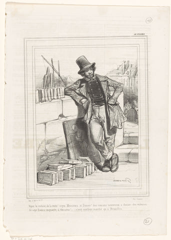 Bookseller with his merchandise displayed against a quay wall, Paul Gavarni, 1839 Canvas Print