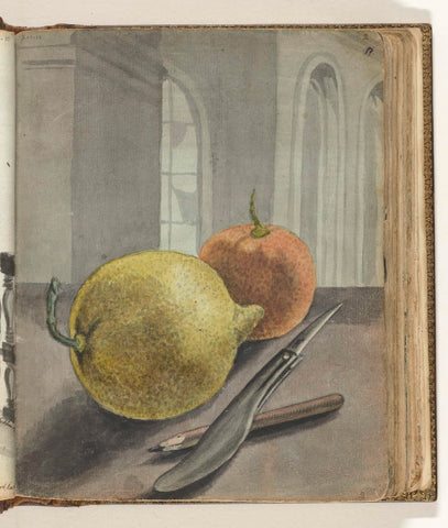 Still life with fruit, knife and pencil., Jan Brandes, 1779 - 1785 Canvas Print