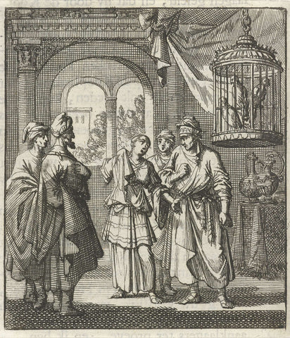 Man addresses his weeping housewife, Jan Luyken, 1693 Canvas Print