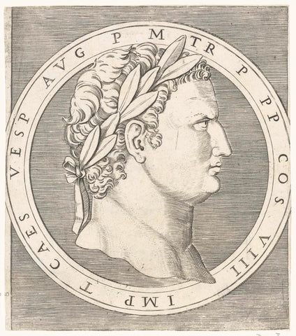 Portrait of Emperor Titus with laurel wreath in round frame, Marcantonio Raimondi, 1510 - 1527 Canvas Print