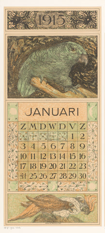 Calendar sheet January with parrot, Theo van Hoytema, 1914 Canvas Print