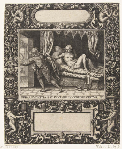 Frame with an elongated cartouche with round sides in the top centre, Theodor de Bry, 1593 Canvas Print