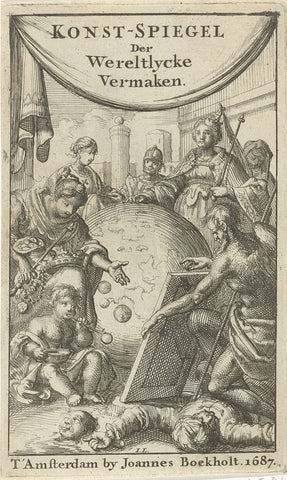 Father Time holds up a mirror to Vrouw Wereld, Jan Luyken, 1687 Canvas Print