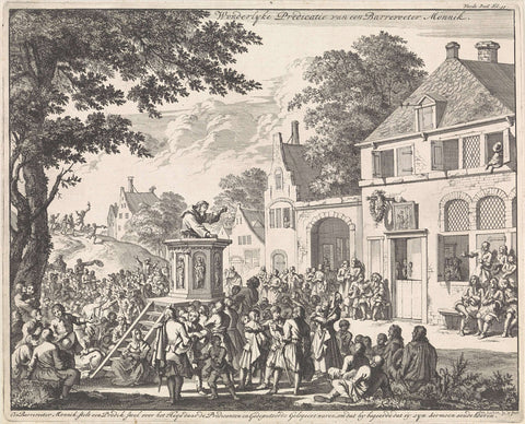 Monk preaching from a pulpit opposite an inn, Jan Luyken, 1696 Canvas Print