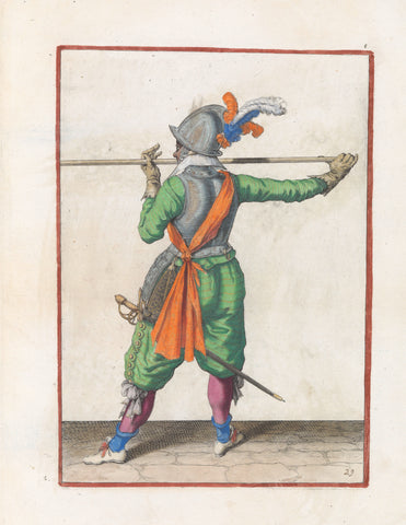 Soldier, seen on the back, carrying his skewer with both hands horizontally at nose height, his right hand at the foot of the weapon, his face to the left accustomed, Jacob de Gheyn (II) (workshop or), c. 1597 - 1607 Canvas Print