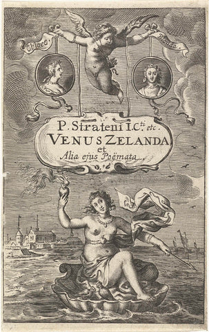 Venus on shell with burning heart and arrow floats off the coast of Zeeland, above it two medallions with portraits of Cloës and Blondae and cartouche with title held by Amor, Cornelis van Dalen (I), 1641 Canvas Print