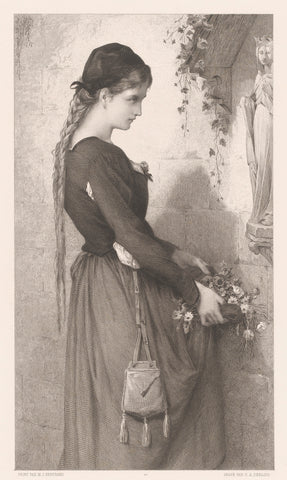 Young woman brings flowers to niche with statue of the Virgin Mary, Charles Alphonse Deblois, 1874 Canvas Print