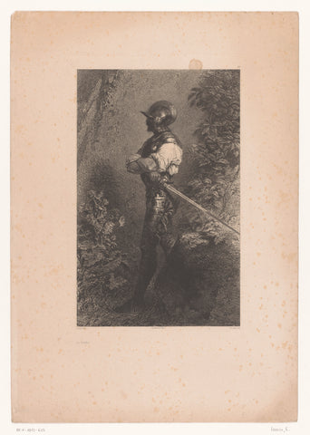 Soldier with rapier and helmet on guard, Eugène Leroux, 1853 - 1854 Canvas Print