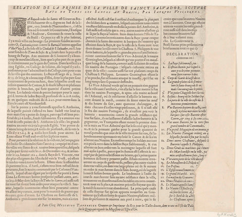 Text sheet accompanying the print of the conquest of San Salvador in Brazil by Admiral Jacob Willekes, 1624, Melchior Tavernier, 1624 Canvas Print