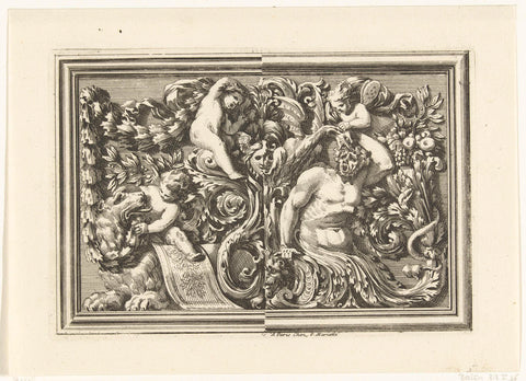 Panel with two putti and a lion on the left, Jean Lepautre, 1667 Canvas Print