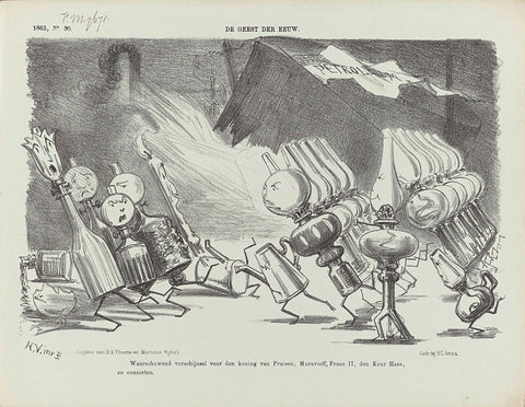 Cartoon on the rise of the petroleum lamp, 1863, Johan Michaël Schmidt Crans, 1863 Canvas Print