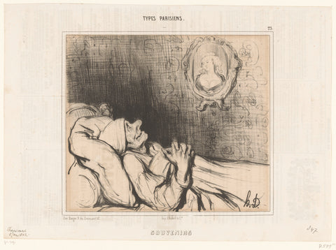 Old man in bed stares at portrait of young woman, Honoré Daumier, 1842 Canvas Print