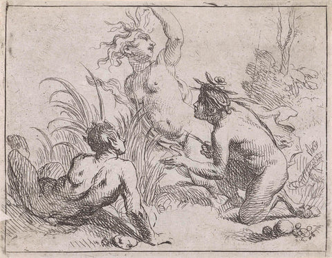 Nymph with two satyrs in a landscape, Cornelis Schut (I), 1618 - 1655 Canvas Print