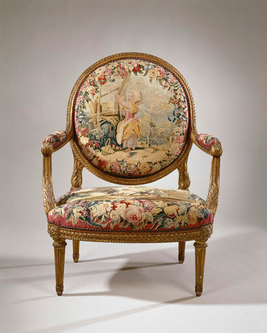 Armchair upholstered in tapestry depicting a girl with birdcage and birdnetting (petit oiselière) (back) and the fable of the rooster and the pearl (seat), Manufacture Royale des Gobelins, c. 1935 Canvas Print