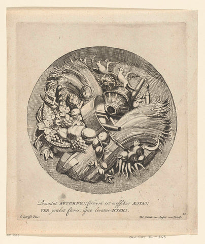 Round medallion with trophy of the four seasons, Gerard de Lairesse, c. 1670 - c. 1718 Canvas Print