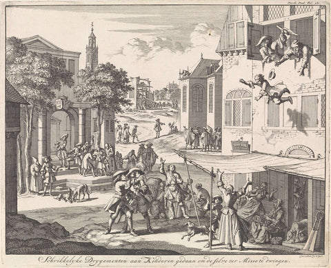 Child is thrown out the window for refusing to serve Mass, Jan Luyken, 1696 Canvas Print