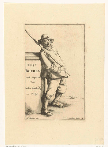 Farmer with stick over shoulder leans against wall with title, Cornelis Danckerts (I), 1613 - 1656 Canvas Print