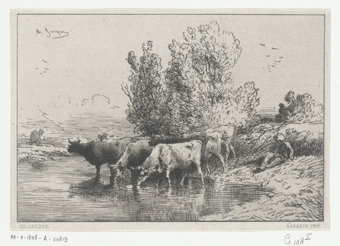 Shepherd next to drinking herd of cows, Charles Emile Jacque, 1864 Canvas Print