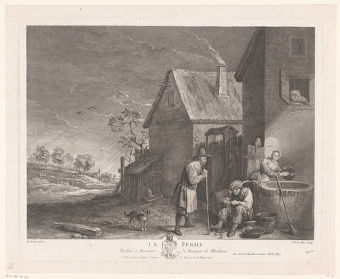 Two men and a woman in front of the well at a farm, Jacques-Philippe Le Bas, 1743 Canvas Print