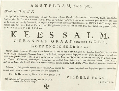 Invitation to the funeral of Kees Salm, 1787, anonymous, 1787 Canvas Print