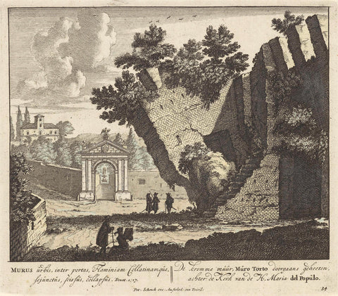 Ruin of a wall with a church in the background, anonymous, 1675 - 1711 Canvas Print