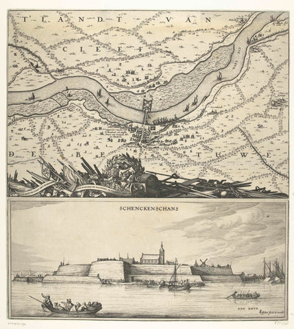 Map of the Waal and a view of Schenckenschans, 1635-1636, Claes Jansz. Visscher (II) (workshop of), 1635 - 1636 Canvas Print