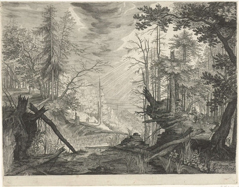 Three hunters at a river in a forest, Aegidius Sadeler, 1609 Canvas Print