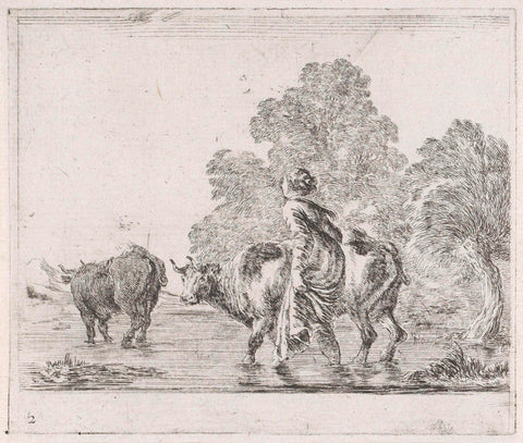 Shepherdess with two cows walking through a river, Stefano della Bella, 1632 - 1664 Canvas Print