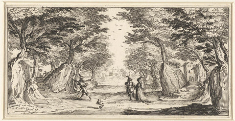 Landscape with a distinguished couple and a lute player, Jacques Callot, 1630 - 1660 Canvas Print