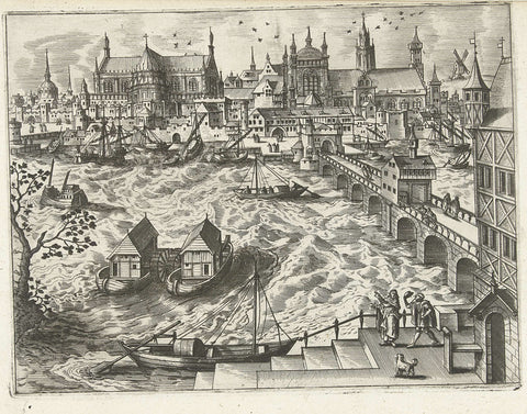 Cityscape with bridge and harbour, Joannes van Doetechum (I) (attributed to), in or after 1570 - c. 1580 Canvas Print