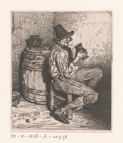 Drinking man on a chair by a barrel, Charles Emile Jacque, 1843 Canvas Print