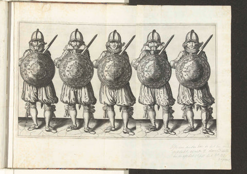 The exercise with shield and skewer: five soldiers standing side by side in the line with the rapier in the right hand and the shield for the chest (no. 32), 1618, Adam van Breen, 1616 - 1618 Canvas Print