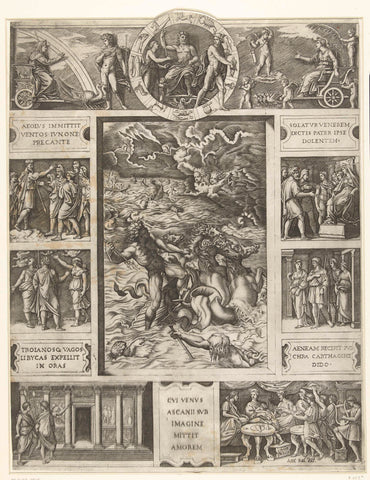 Jupiter calms the storm at sea in rectangular frame with nine scenes from epic Aeneid, Marcantonio Raimondi, 1520 - 1562 Canvas Print